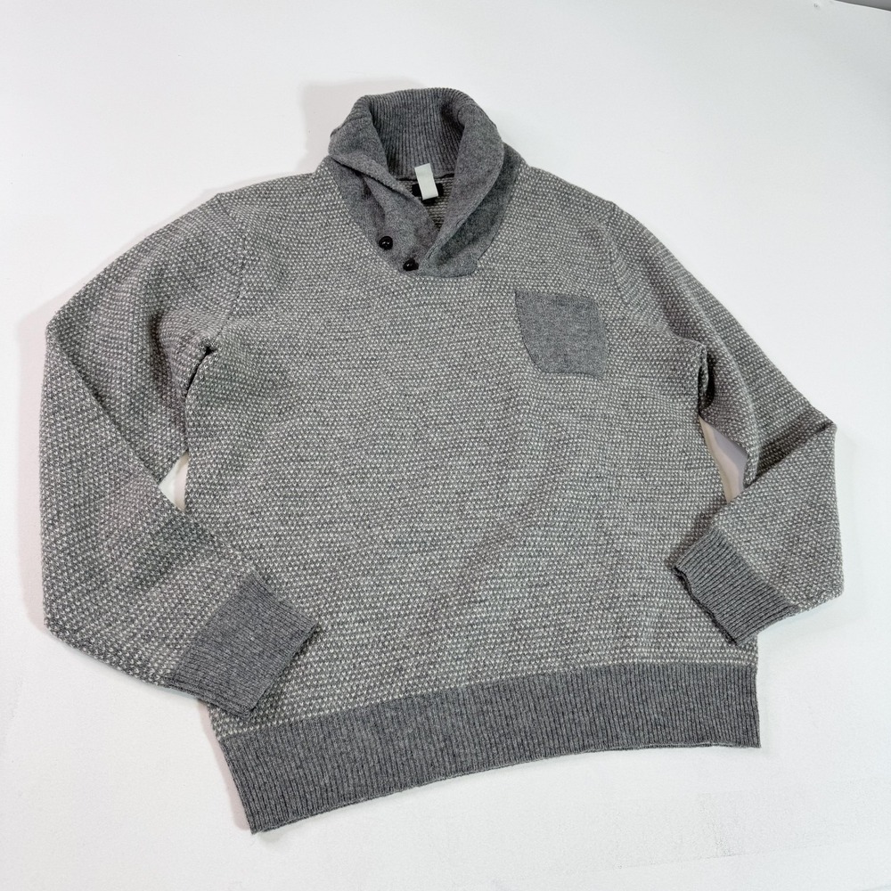 J‎ Crew Sweater Mens Large Gray Shawl Collar 100% Lambswool Textured Pullover